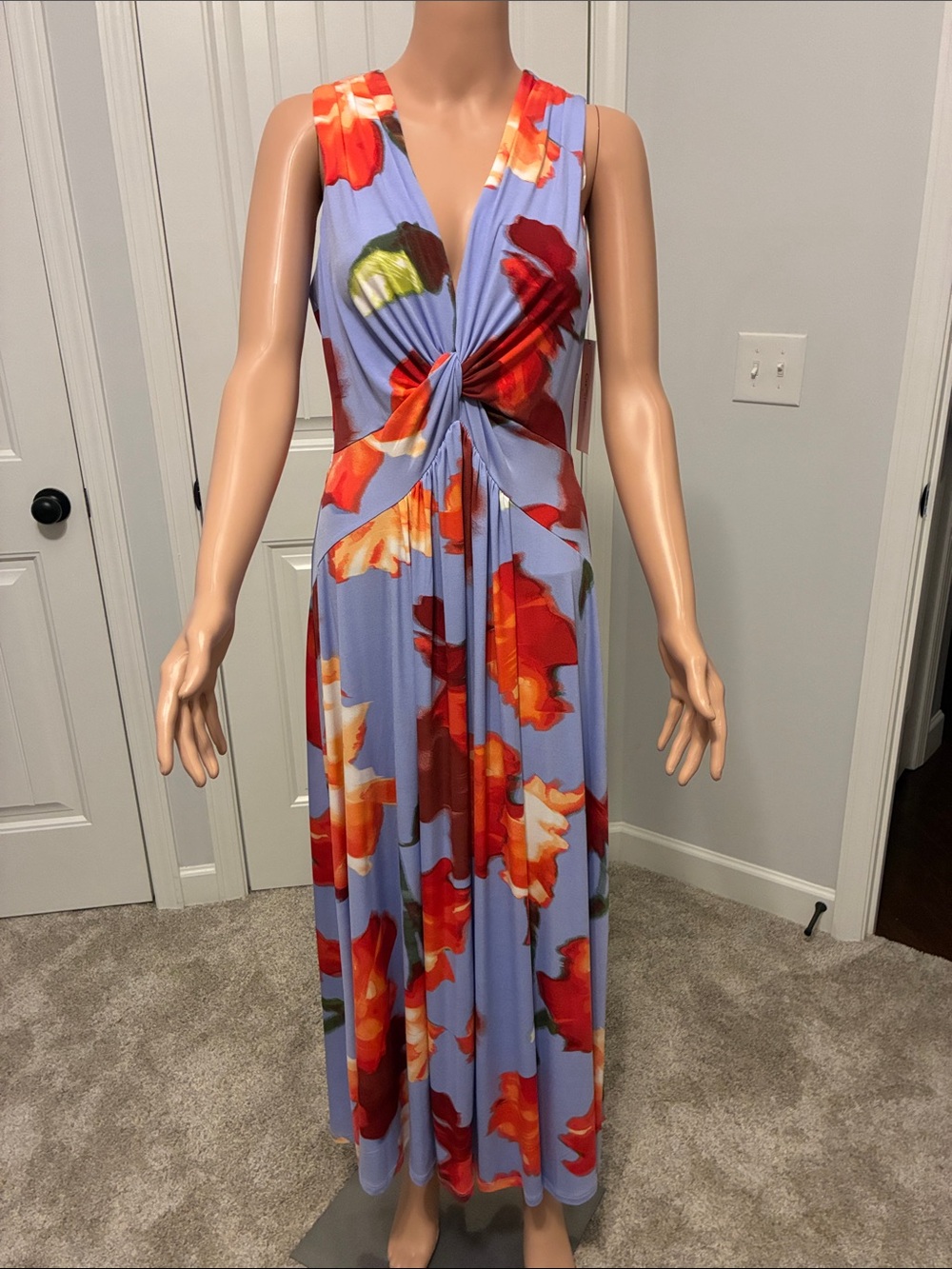Sleeveless Lavender Maxi Dress with Red Floral Knot Front by Calvin Klein.